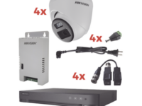 kit audio bidireccional turbohd 1080p / dvr 4 canales / 4 cámaras eyeball (exterior) con bocina y microfóno integrado / 1 fuente de poder / accesorios