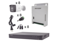 kit audio bidireccional turbohd 4k 3k / dvr 8 canales 4k / 8 cámaras bala (exterior) con bocina y microfóno integrado 3k / 1 fuentes de poder / accesorios